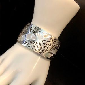 LOIS HILL Mother of Pearl Sterling Silver Cut Out Wide Cuff Bracelet Vintage